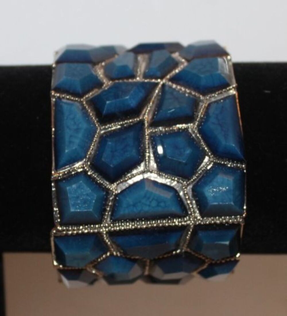 Vintage Deep Blue Lucite And Silver Tone Mosaic Clamper Bracelet